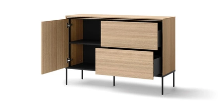 Komoda z szufladami Visso 127 cm dąb linearny elegancka komoda w ciepłej kolorystyce solidna metalowa podstawa gwarantuje stabilność