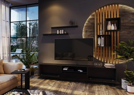 Meblościanka Metoni czarna / czarny połysk uniwersalna i stylowa meblościanka do salonu minimalistyczny design w nowoczesnej aranżacji