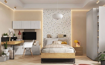 Łóżko Teen Flex 120x200 cm hikora naturalna / silk flou / raw steel komfortowe łóżko z podświetlanym zagłówkiem pojemna szuflada