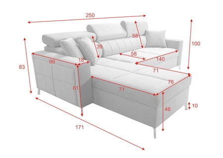 Narożnik z funkcją spania Nausa czarny lewostronny velvet stylowy komfortowy narożnik regulowane zagłówki pojemnik na pościel