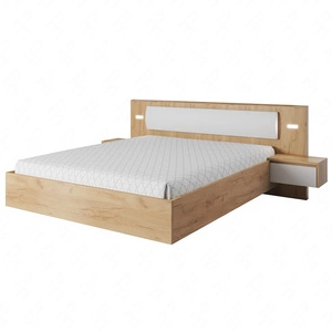 Łóżko Novi 160x200 cm z szafkami nocnymi dąb craft złoty / biały oświetlenie LED częściowo tapicerowany zagłówek