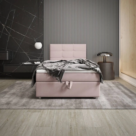 Łóżko kontynentalne Fresno 90x200 pudrowy róż w nowoczesnym skandynawskim stylu z tapicerowanym zagłówkiem łóżko z pojemnikiem