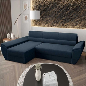 Narożnik z funkcją spania Fogu III niebieski lewostronny stylowy narożnik z podłokietnikami pojemnik na pościel sztruksowa tkanina