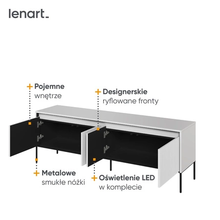 Szafka RTV Trend 167 cm biała praktyczna i stylowa szafka z ryflowanymi frontami wzbogacona o oświetlenie LED metalowa podstawa