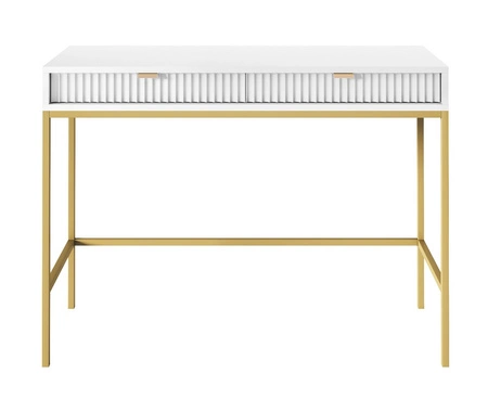 Konsola Lovro biała z szufladami stylowy oraz funkcjonalny mebel do przedpokoju salonu czy biura metalowy stelaż w złotym kolorze