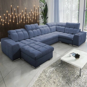 Narożnik z funkcją spania Luigi IV niebieski lewostronny elegancki narożnik do salonu wykonany z miękkiej tkaniny typu velvet