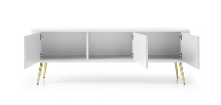 Szafka RTV Zoya 168 cm biała nowoczesny design bryła osadzona na złotych nogach ryflowany front charakterystyczny owalny kształt