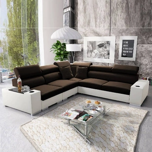 Narożnik z funkcją spania Provo III brązowy / biały lewostronny narożnik z pojemnikiem na pościel i regulowanymi zagłówkami