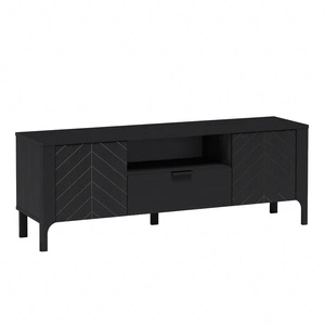 Szafka RTV Malumi 160 cm czarna stylowy design ozdobny wzór jodełki na frontach minimalistyczny metalowy uchwyt wysoka podstawa