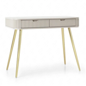 Konsola Zoya beżowa z szufladami stylowa oraz funkcjonalna toaletka zaoblony kształt bryły ryflowane fronty szuflad złote nogi