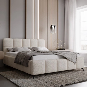 Łóżko tapicerowane Olne 140x200 kremowe stylowe łóżko z pojemnikiem na pościel wygodny zagłówek zachwyca eleganckim designem