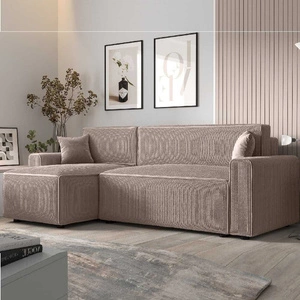 Narożnik z funkcją spania Brandon Bis jasny brąz lewostronny trójwymiarowa tkanina o wyrazistych prążkach pojemnik na pościel