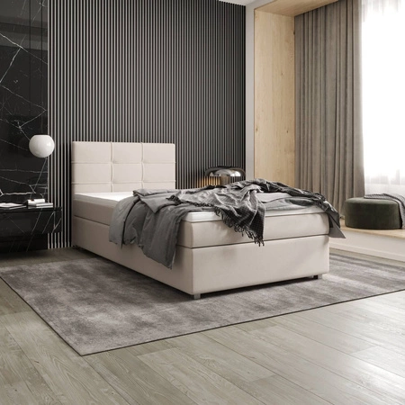 Łóżko kontynentalne Fresno 90x200 beżowe w nowoczesnym skandynawskim stylu z tapicerowanym zagłówkiem łóżko z pojemnikiem