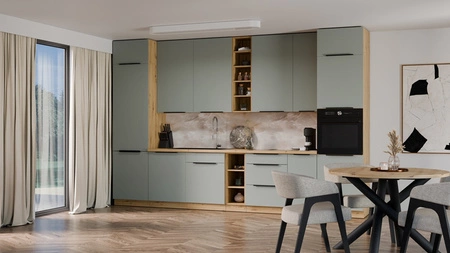 Zestaw mebli kuchennych Treviso Ar 370 cm stylowe szafki kuchenne z frontami wykonanymi w technologii anti fingerprint metalowe uchwyty