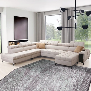 Narożnik z funkcją spania Bolmso X beżowy prawostronny wygodny narożnik do salonu z regulowanymi zagłówkami dekoracyjne pikowania