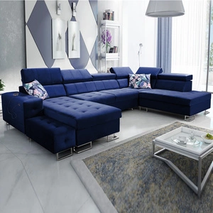 Narożnik z funkcją spania Hampton VI granatowy lewostronny funkcjonalny narożnik do salonu z ruchomą dostawką oraz półką