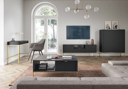 Konsola Lovro czarna z szufladami stylowy oraz funkcjonalny mebel do przedpokoju salonu czy biura stelaż w złotym kolorze