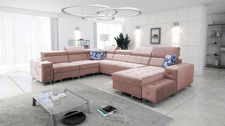 Narożnik z funkcją spania Hampton VIII kwarcowy róż prawostronny nowoczesny design narożnik rozkładany do salonu funkcjonalna dostawka