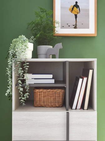 Regał niski Remona 80 cm dąb wilton biały / biały regał z szufladami na książki do pokoju młodzieżowego nowoczesny wygląd