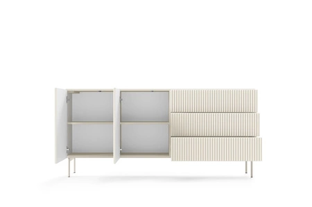 Zestaw mebli Muti beżowy designerska meblościanka do salonu efektowne ryflowania na frontach i korpusach mebli system push to open