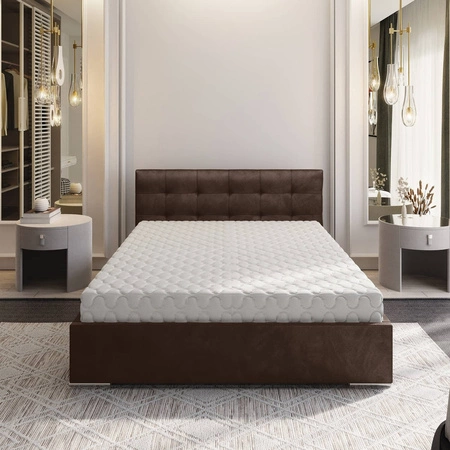 Łóżko tapicerowane Montigo 180x200 jasny brąz z pojemnikiem w nowoczesnym skandynawskim stylu z pikowanym zagłówkiem