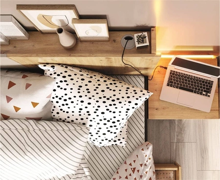 Zestaw mebli Qubic dąb artisan / raw steel / silk flou modny zestaw mebli o oryginalnym designie bryły z subtelnym oświetleniem LED