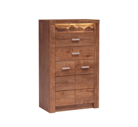 Komoda wysoka Indiana 76 cm jesion jasny elegancka stylistyka komody z szufladami ozdobna deska na froncie komody oświetlona LED