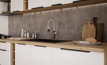 Zestaw mebli kuchennych Corato Ar 255 cm stylowe szafki kuchenne z frontami wykonanymi w technologii anti fingerprint metalowe uchwyty