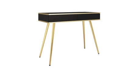 Konsola Luxury czarna z szufladami stylowa i elegancka toaletka wsparta na metalowych złotych nogach korpus zwieńczony złotą listwą