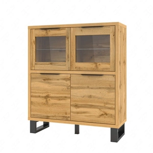 Komoda Halle 120 cm dąb wotan funkcjonalna idealna do wnętrz w stylu loftowym wysoka komoda z przeszkleniem na metalowej podstawie