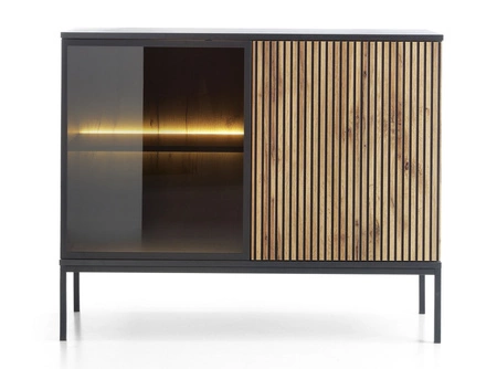 Komoda Amma 104 cm czarny / dąb wotan nietuzinkowy design ryflowane i przeszklone fronty komody z systemem push to open