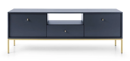 Szafka RTV Mono 154 cm granatowa elegancka stylistyka prosta forma wzbogacona o metalowe elementy w kolorze złotym