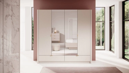 Szafa z lustrem Lante 213 cm beżowa stylowa szafa z szufladami o nowoczesnym designie ryflowane fronty oryginalny zaoblony kształt