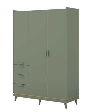 Szafa Scandia 144 cm zielona / dąb olejowany funkcjonalna szafa do sypialni lub pokoju nastolatka osadzona na wysokich nogach pojemne szuflady
