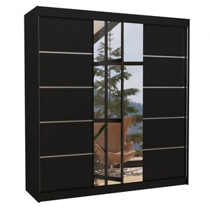 Szafa przesuwna z lustrem Bergen 200 cm czarna klasyczna forma dekoracyjne listwy na frontach szafy do sypialni lub przedpokoju