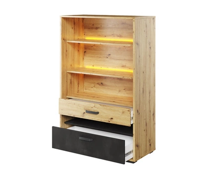 Zestaw mebli Qubic dąb artisan / raw steel / silk flou modny zestaw mebli o oryginalnym designie bryły z subtelnym oświetleniem LED