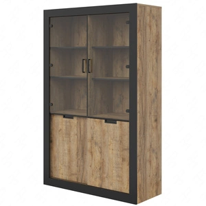 Witryna Tudor 120 cm dąb samdal / czarny stylowy design bezpieczne szkło hartowane witryna z drzwiami przesuwnymi w stylu industrialnym