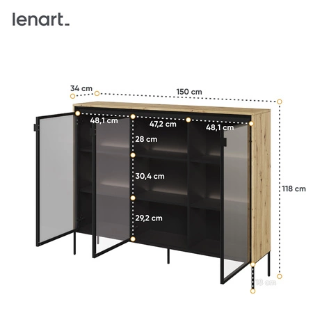 Komoda Trend 150 cm dąb artisan designerski przeszklony front klimatyczne oświetlenie w postaci paska led pod górnym blatem