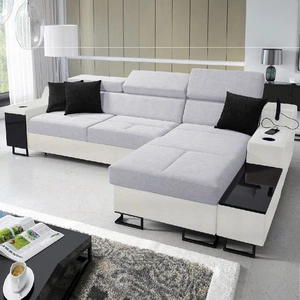 Narożnik z funkcją spania Alcamo szary popiel / biały prawostronny stylowy narożnik z dostawką praktyczna szuflada w boczku mebla