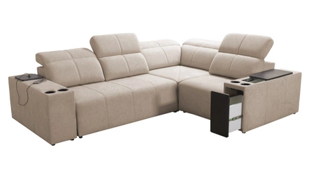 Narożnik z funkcją spania Tesalia II miętowy prawostronny komfortowy narożnik do salonu z przesuwanym oparciem pojemnik na pościel