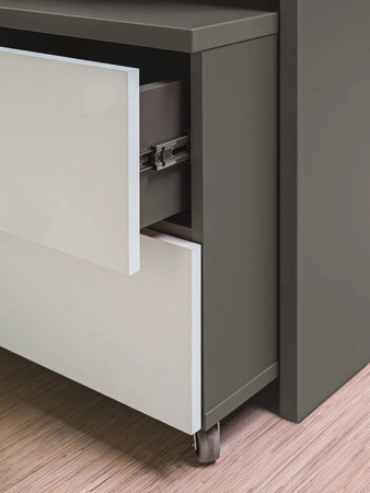 Szafka na kółkach z szufladami Yugo popiel / biały połysk funkcjonalny mebel do biura gabinetu lub pokoju młodzieżowego