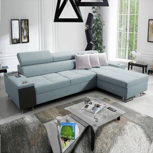 Narożnik z funkcją spania Dafni arktyczny błękit prawostronny pleciony komfort i funkcjonalność podczas codziennego wypoczynku