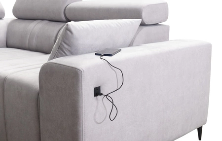 Narożnik z funkcją spania Castel II Lux brązowy prawostronny wygodny narożnik do salonu z komfortowym wysuwanym podnóżkiem