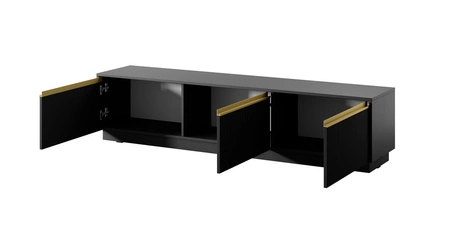 Zestaw mebli Imperial czarny stylowa meblościanka bryły z frezowanymi frontami i eleganckimi uchwytami w kolorze szczotkowanego złota