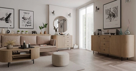 Stolik kawowy Ovalio dąb cremona designerska owalna konstrukcja dekoracyjne frezowania stolik osadzony na stabilnych metalowych nogach