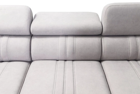 Narożnik z funkcją spania Castel IV błękitny lewostronny stylowy narożnik z pojemnikami na pościel i regulowanymi zagłówkami