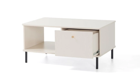 Zestaw mebli Ferdi beż piaskowy minimalistyczny design meblościanki do salonu złote uchwyty korpusy wysunięte ponad linię blatów