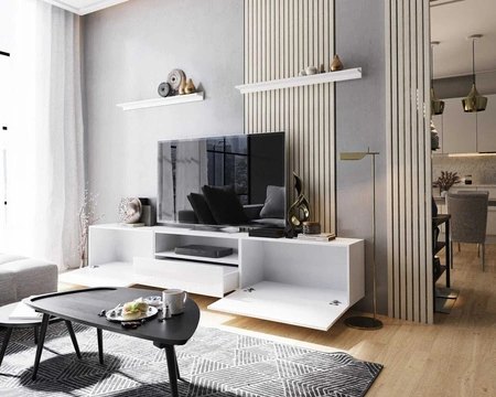 Szafka RTV wisząca Ekali 258 cm biała / biały połysk z półkami elegancki i stylowy design wpisujący się w każde wnętrze