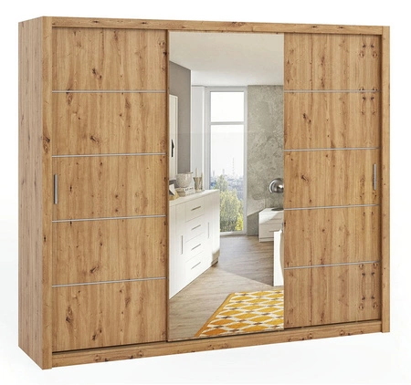Szafa przesuwna z lustrem Rico 250 cm dąb artisan pojemna szafa do sypialni garderoby lub przedpokoju klasyczna forma o geometrycznych kształtach