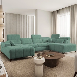 Narożnik z funkcją spania Penejos VI zielony lewostronny stylowy narożnik rozkładany z dwoma pojemnikami na pościel trwała tkanina